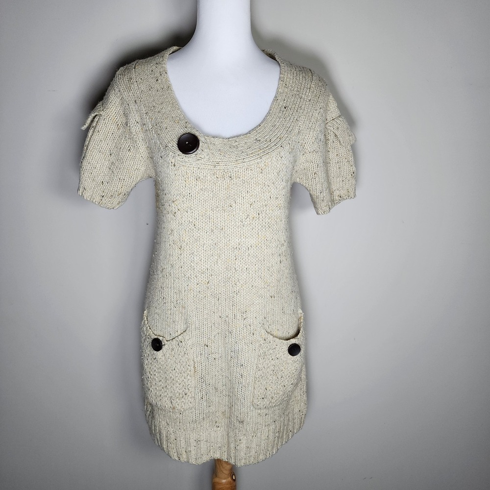 Wool Blend Sweater Dress Women‎ Medium Tunic Oatmeal Knit Donegal Fleck Pockets